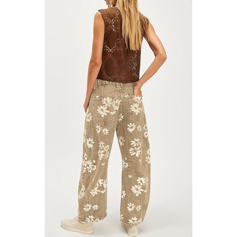 Women Y2k Distressed Barrel Jeans Baggy Wide Leg Jeans Floral Printed Boyfriend Patchwork Denim Pants2026