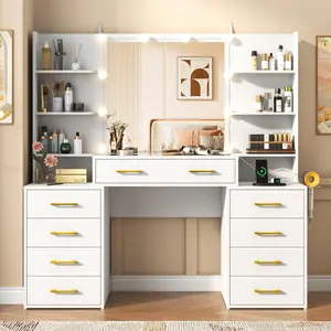 55" Glass Top Vanity Desk with LED Mirror, Makeup Storage Desk with Charging Station & 9 Drawers, Modern Vanity Table with Shelves for Bedroom or Dressing Room