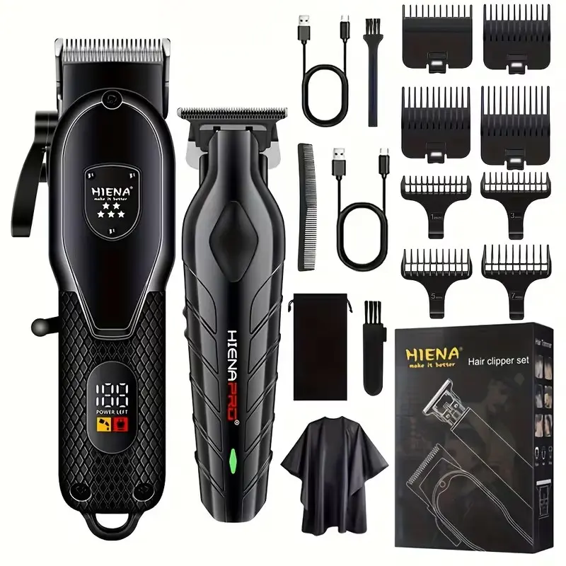 HIENA Professional Haircut Set: LED Digital Display Professional Cordless Hair Clippers, Beard Trimmer Shaver Set with Guide Comb and Cape, Suitable as a Gift for Friends or Father's Day