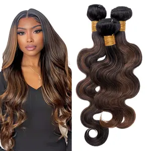 TF1B/30 Ombre Brown Highlights Body Wave Bundle 100% Remy Human Hair 15A Wavy Cuticle Aligned Quick Weave Soft Double Weft Extension Black Auburn Brown