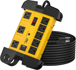 CRST 8-Outlet Wide-Spaced Metal Surge Protector Power Strip with Cord Wrap - 1350J, USB-C & USB-A, Wall mount, 15ft Cord