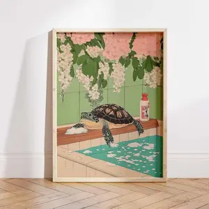 [Sale off up to 65%] Turtle in bathtub Japanese bathroom decor, Japan art print, Aesthetic wall art, Neutral minimalist poster, Turtle Lover Gift