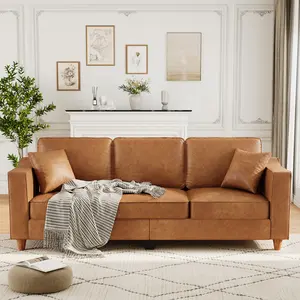 85-Inch 3-Seater Faux Leather Sofa with Deep Seats, Wide Armrests, Back Cushions, Wood Legs & 2 Throw Pillows for Living Room or Office