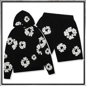 Men’s Floral Graphic Shorts & Y2K Bubble Sweatshirt Set – Retro Athletic Running Shorts, Quick-Dry, Breathable Gym Wear with Flower Puff Print Hoodie, Wide Leg Joggers & Foam Print Tracksuit – Unisex Casual Streetwear