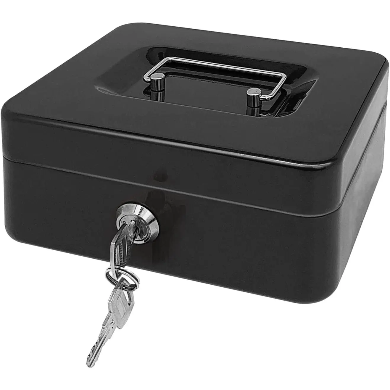 Steel  Box with Key Lock, Metal Small  Organizer with  Tray, Storage Box with Lockable Cover (Black - 8 inch)