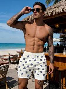 Men's Turtle Print Double Layer Gym Shorts, Quick-Dry Breathable Beach Pants, Gym Vacation Casual Wear, Drawstring Waist