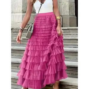 Elegant Green Tulle Maxi Skirt with Elastic Waist - High-Low Ruffled Hem, Pleated Layers, Polyester, Perfect for Spring/Summer/Fall Womenswear Bottom