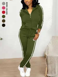 Women's Casual Fitted Knit Hooded Zipper Top & Drawstring Sweatpants Set, Fashionable Striped Design, Two-Piece for Daily Wear