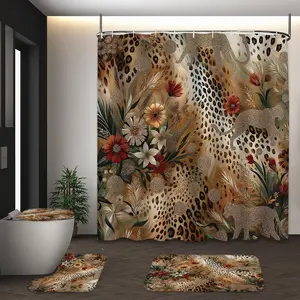 LVRLVR 4Pcs Leopard Print & Wildflower Safari Boho Multi-Color Shower Curtain Set 70.8×70.8 Inch