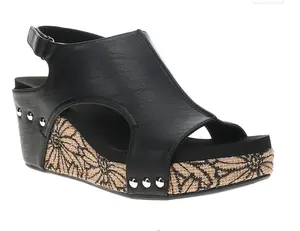 Carley Wedge Sandal, Black Floral Wrap | Corkys