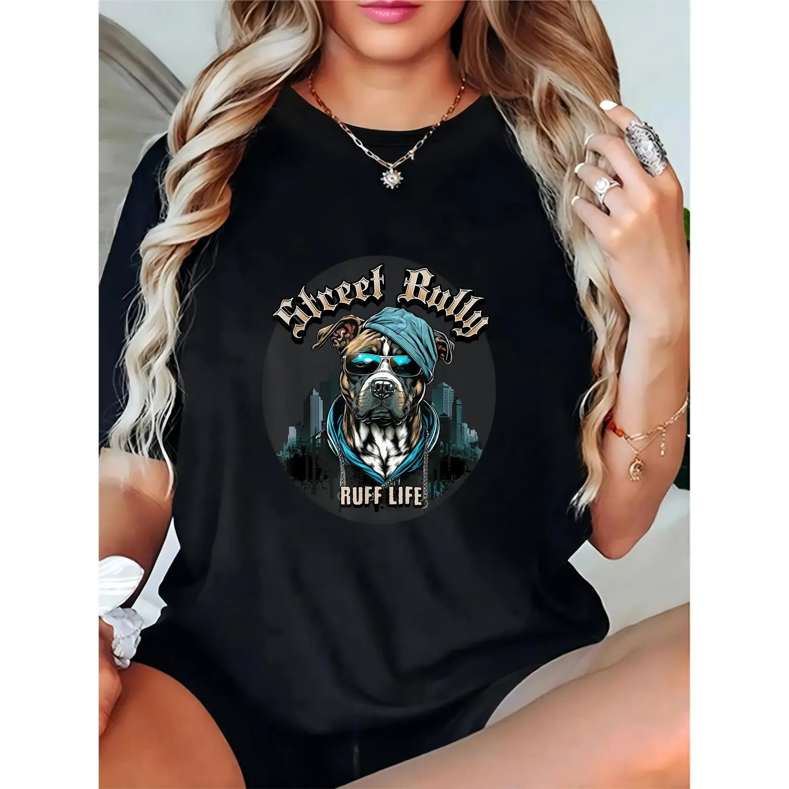 Women's Black T-Shirt | Cool Bulldog with Blue Bandana, Sunglasses, City Skyline, 'Street Bully' & 'Ruff Life' – Casual Streetwear, Dog Lover Gifts, Daily Wear, Day, Comfortable, Prints, Basic, Shortsleeve, Feminine