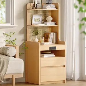 Sikaic Rattan Corner Tall Nightstand with Charging Station, Wood Bedside Table with 90° Angle Design and 6-Zone Storage, Anti-Tip Safety for Bedroom, Dorm or Apartment, Natural summervibes