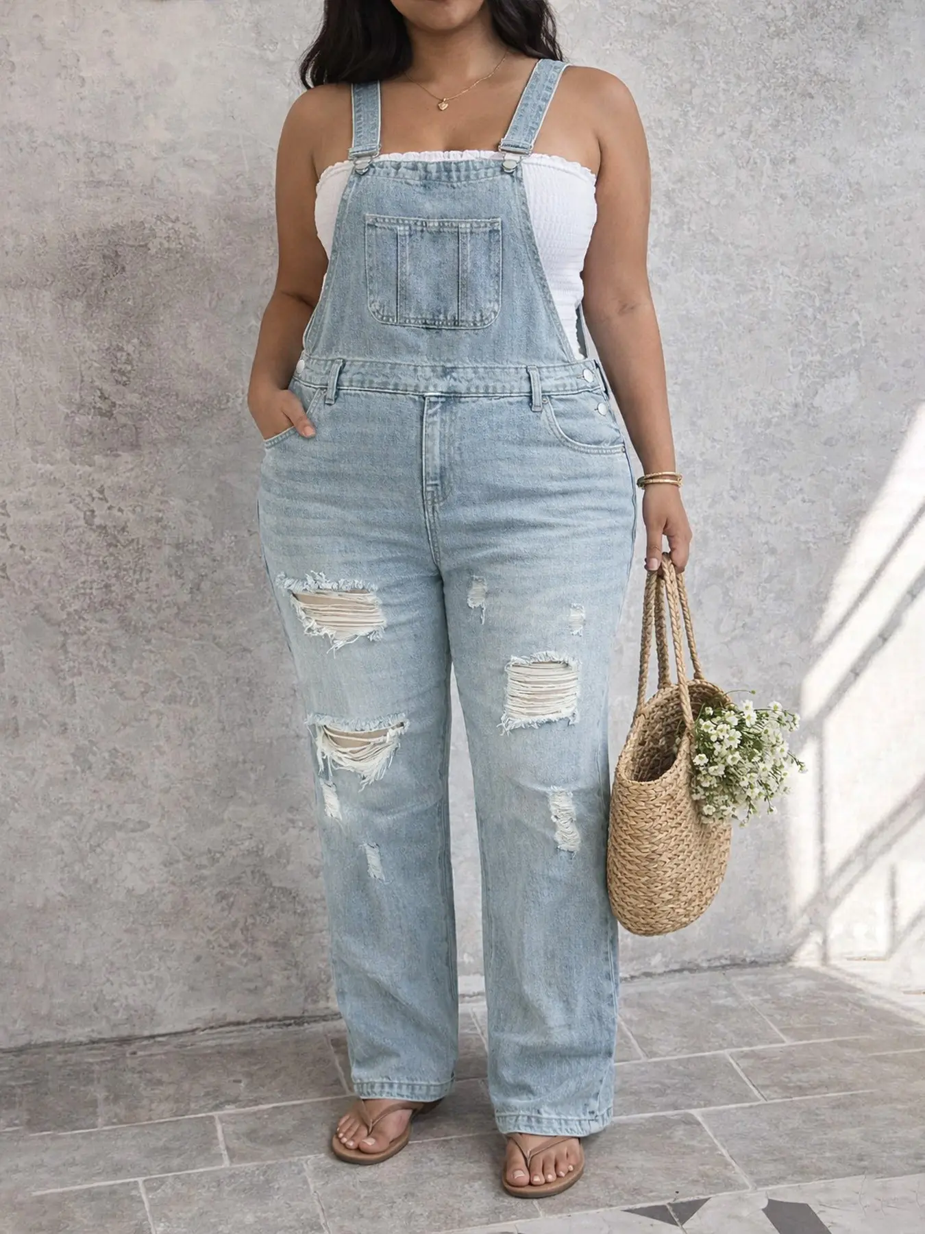 Women's Denim Light Wash Jeans Elastic Waist Blue Color Belted Overall Pants, Casual Comfortable Stretchy Design, Perfect Fit for Daily Wear