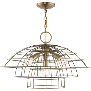 4 Light Antique Brass Chandelier with Antique Brass Hand Crafted Steel Wire Cage Shade