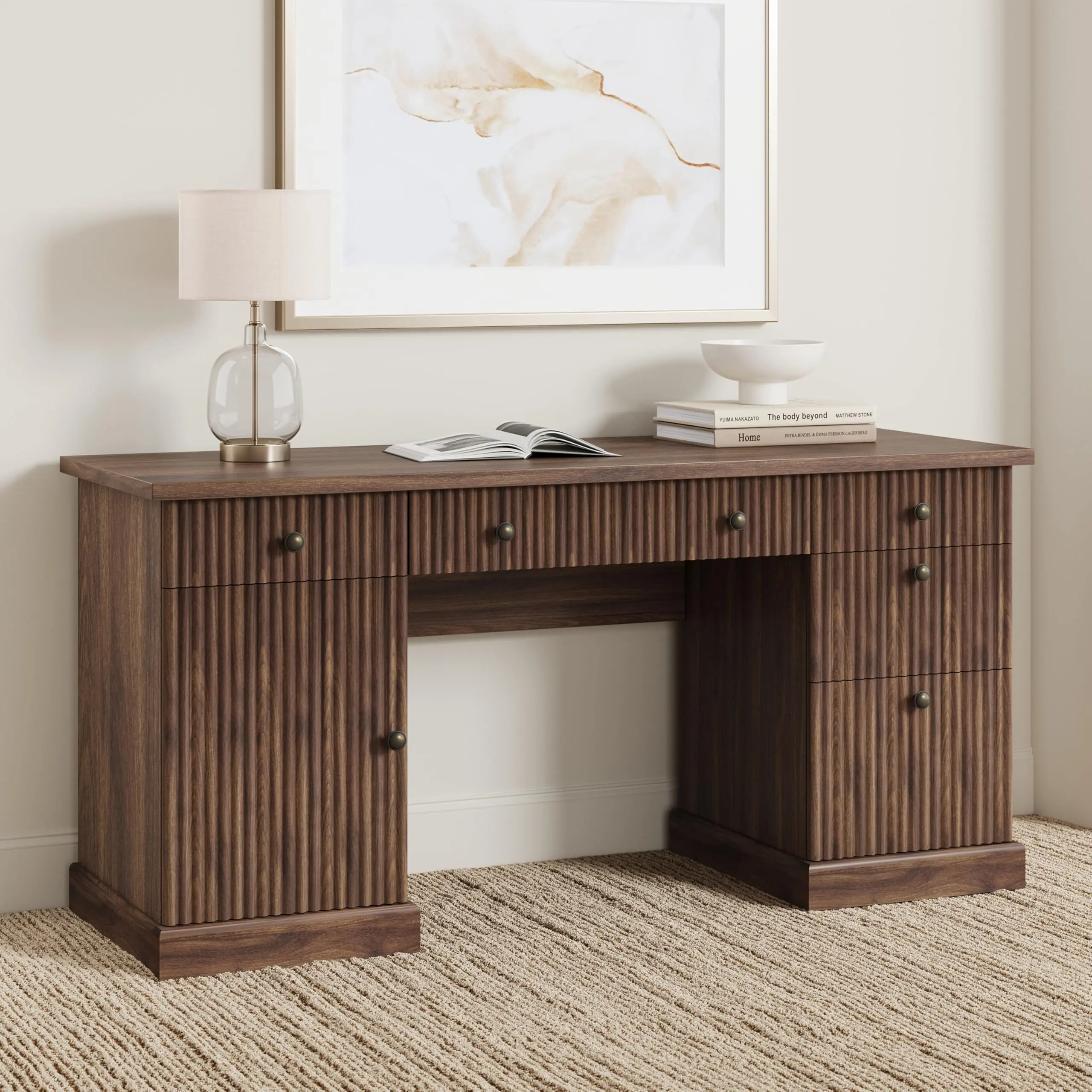 Tall Wood Frame Rattan Dresser with Fluted Panels & Boho Drawer Fronts, Full Extension Large Size Desk-Convertible Clothes Storage Chest for Bedroom & Nursery