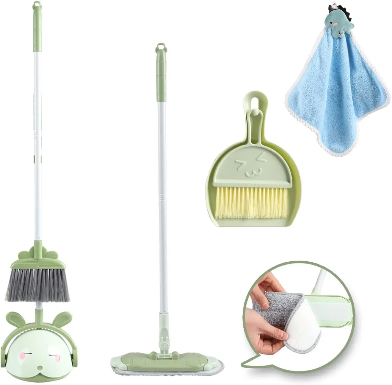 Kids Cleaning Toy Set, Mini Child Broom, Mop and Dustpan, Little Housekeeping Helper Set, Pretend Home Cleaning Play Set for Toddlers Age 1-5, 6pcs (Green)