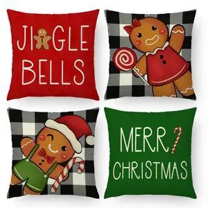 4Pcs, Christmas Gingerbread Men And Candies Pinted Pillow Covers 45x45cm - Single-sided Print - Home Decor Accessory, Perfect For Holiday Party Favors/Living room/Bedroom/sofa/Bed Decoration - Pillow Core Not Included