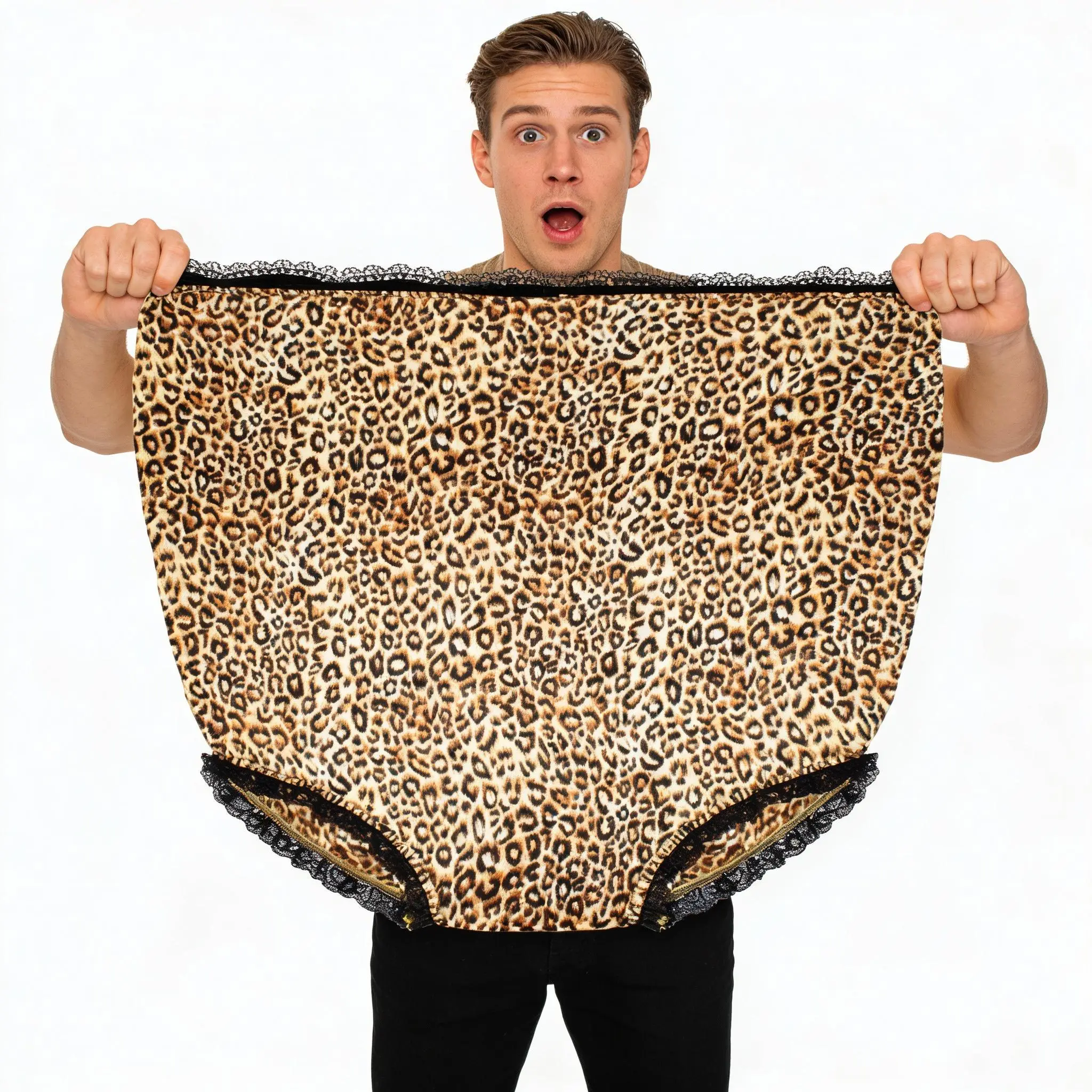 Giant Unisex Adult Silky Satin Soft Novelty Granny Panties - Leopard Print, Lace Trim, Blingy Diamond Ring Design, 10/10 Prank Potential, Party Pranks Bride Gift for Festive Party Decorations