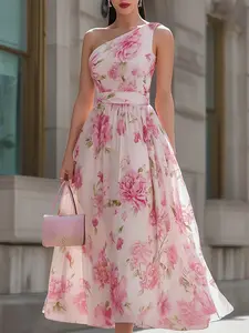 Printed One-Shoulder Sleeveless Dress, French Chic Waist-Tied A-Line Midi Dress, Elegant Aesthetic Slanted Shoulder Tie Design, Perfect for Dates, Afternoon Tea, Light Evening Wear, Womenswear