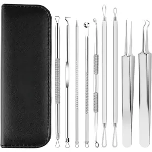 9PCS 304 Stainless Steel Blackhead Remover Tool Kit - Gentle Facial Blemish Extractor with 2 Tweezers, 16 Precision Heads, Leather Storage Case, for Home Esthetician Use, Ideal Gift for Acne Zit Removal on Face & Nose