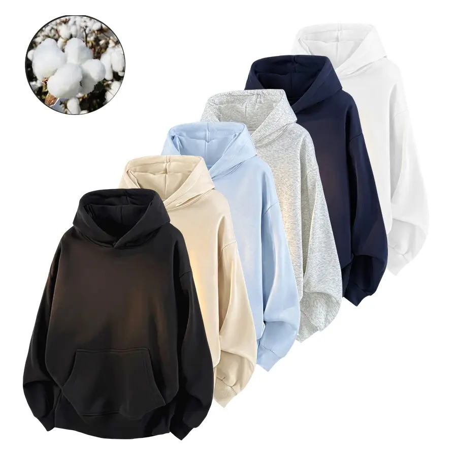 Men’s basic solid-color heavyweight hoodie sweatshirt, cotton blend, skin-friendly lining, elastic kangaroo pocket, drop-shoulder loose fit—ideal for everyday wear and commuting; versatile, durable, and resistant to deformation.