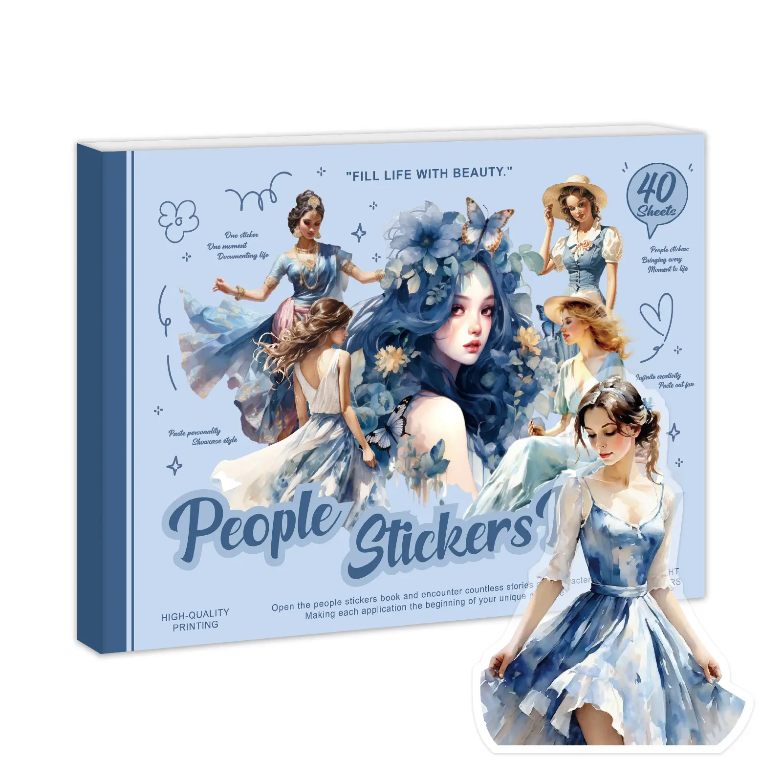 PRSTINCOL Blue Cover People Portraits Sticker Set - 40 Sheets, 299 Pcs Adhesive Die-Cut Permanent Stickers for Girls' Scrapbooking, Junk Journaling, Adhesive Stickers Stickers, Die-Cut Stickers
