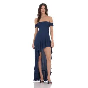 Lucy in the Sky Off Shoulder Ruffle Maxi Dress in Blue