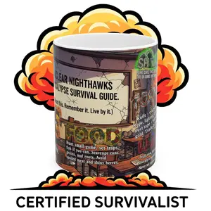 The Seven Deadly Survival Tips Mug, Nuclear Nighthawks survival tips, mug, apocalypse, survival, apocalypse guide, survival guide, survival mug, survival guide mug, apocalypse mug, apocalypse guide mug, nuclear nighthawk, mugs