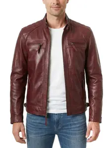 Men’s Burgundy Leather Jacket Slim Fit Biker Style Zip-Up Casual Motorcycle Jacket
