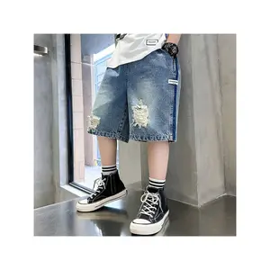 Boys Loose Denim Shorts| Ripped Soft Elastic Band Jean Middle Pants, Casual Summer Outfit, Street Style, Regular Fit, Slight Stretch Fabric, Solid Color