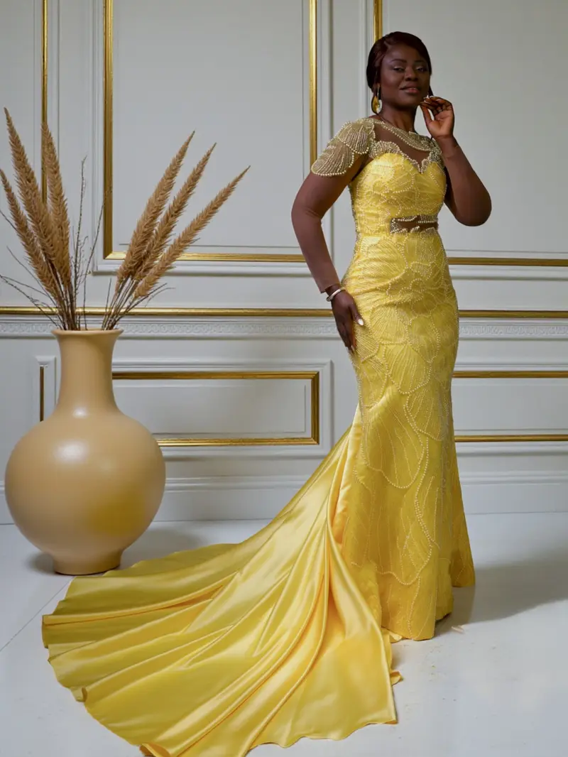 train evening dress Hot Yellow Halter Open Back Beads Side Slit Ball Gown Prom Dress – Ballbella