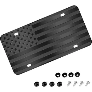 Flag License Plate, Black Front Flag License Plates with 4 Holes,Novelty  Aluminum Metal 3D Embossed  License Plate with Screws Caps, 6 * 12 inches