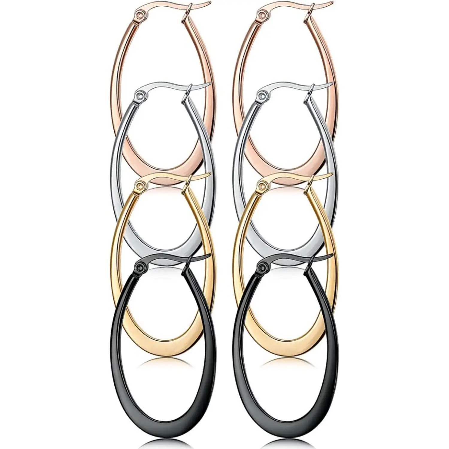 Unisex 4-Pair Colorful Stainless Steel Hoop Earrings Set - Round Shapes, Teardrop, Large Styles with Metal Coating, Geometric Design for Daily Wear, Fashion Costume Jewelry Accessory, Four Pairs