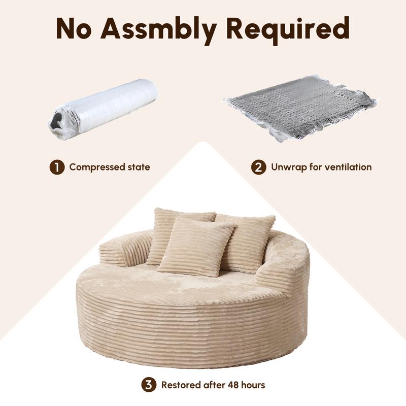 【Fall Deals For You】Ovios 59" W Oversized Round Sofa Bed - Fluffy Lazy Bean Bag, Modern Deep Seat Couch for Relaxation, Plush Corduroy Fabric, 3 Pillows Included, No Assembly Required