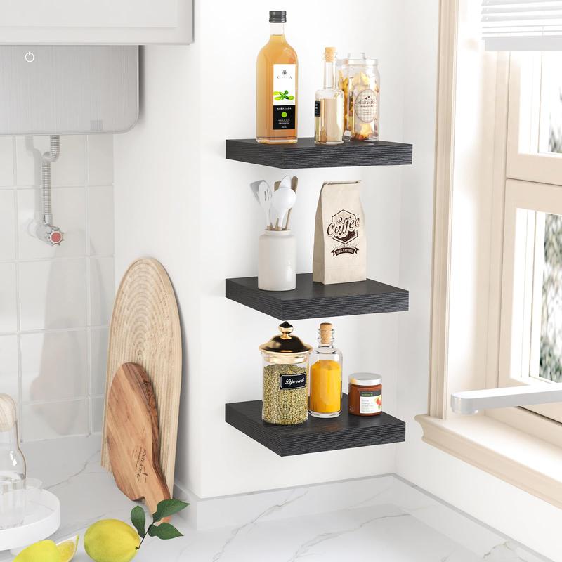 Floating Shelves for Wall, Small Black Shelves Wall Mounted Shelf for Bathroom, Living Room, Bedroom, Kitchen Decor (Set of 3, 8x8) Installation