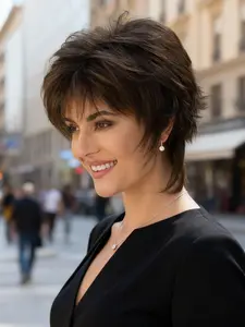 10 inch Women'S Short Straight Brown Bob Wig with Bangs - Synthetic Wigs, Rose Net Cap, Natural Look, Easy to Style, Perfect for Casual Versatile Hairpiece, Suitable for Daily Wear and Parties, Natural Looking Wig