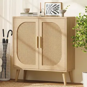 Rattan Storage Cabinet with Doors,Accent Bathroom Floor Cabinet,with 2 Doors and 4 compartments for Storage,Modern Sideboard Buffet for Living Room, Entryway, Dining Room and Kitchen
