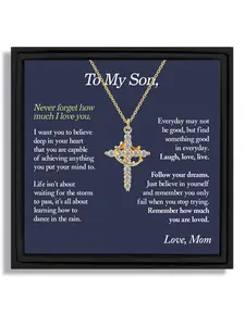 1 piece Mother's Day gift for son gold rotating crown cross pendant necklace gift box with blessing card and box