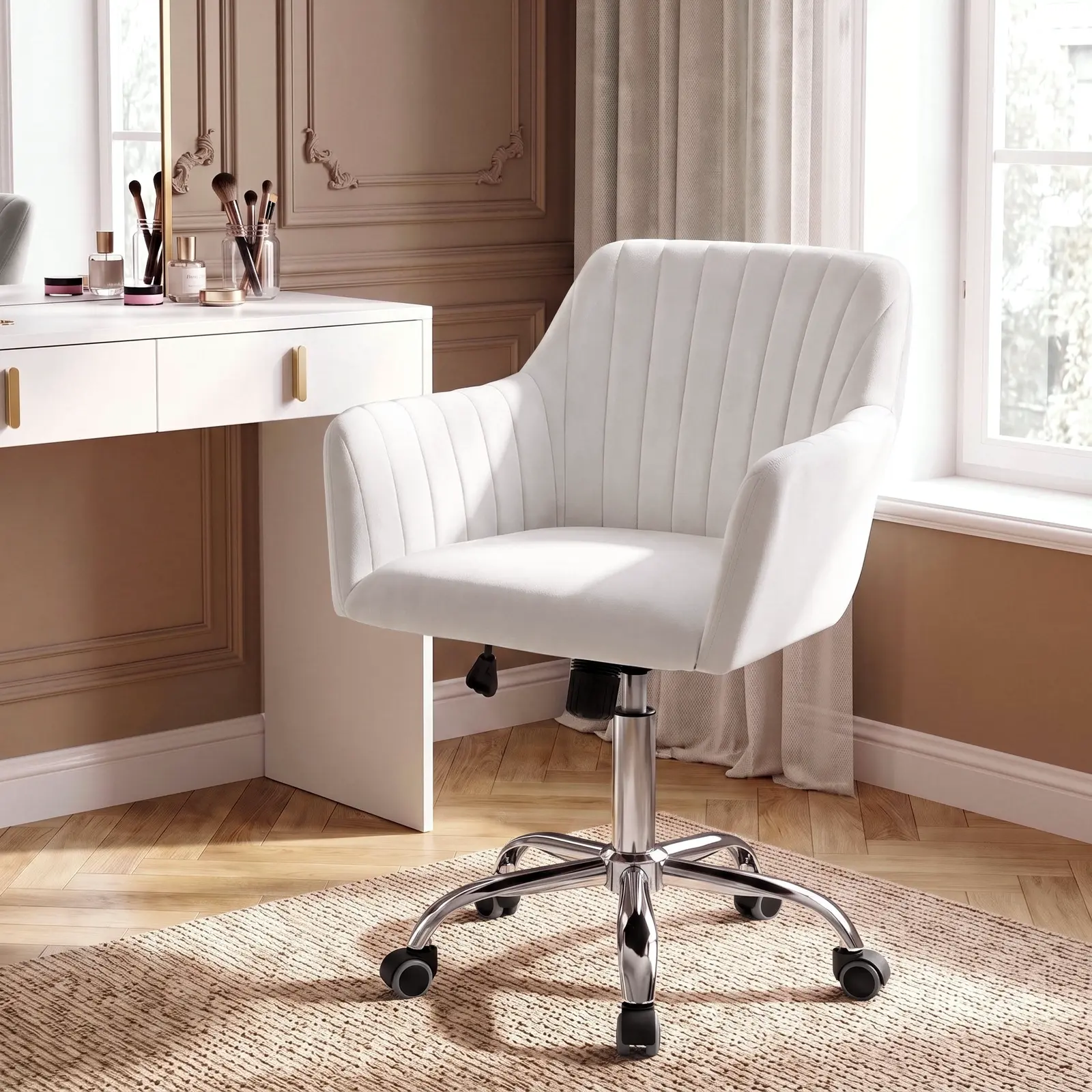 VOWNER Vanity Chair with Wheels, Comfy Home Office Desk Chairs Adjustable Modern Velvet Makeup Vanity Chairs for Bedroom Living Room