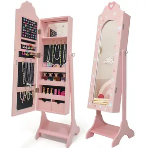 Karlhome Kids Jewelry Armoire Cabinet, Standing Jewelry Organizer with Full-Length Mirror, Large Storage Capacity, Kids Vanity Dress Up Mirror Jewelry Cabinet for Girls