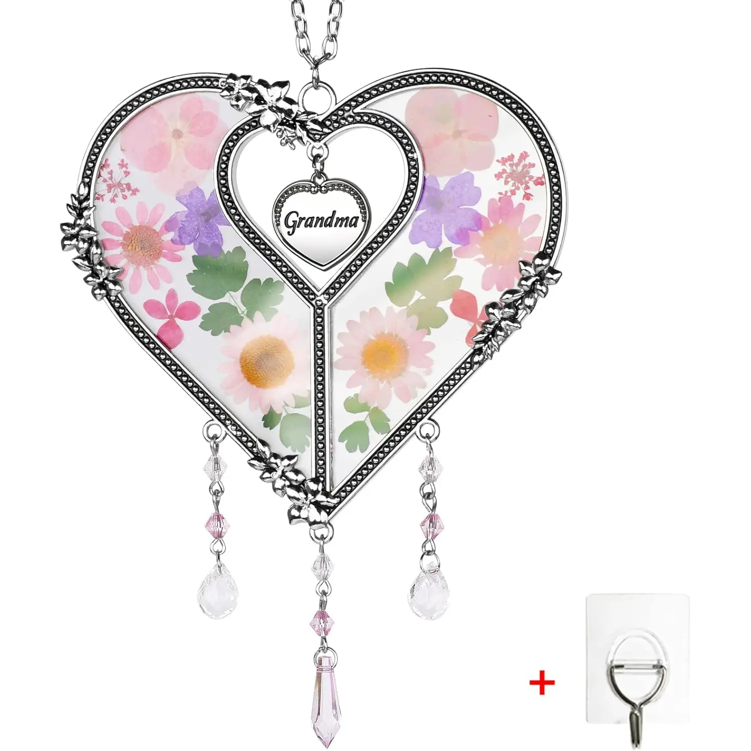 Heart Suncatcher with Pressed Flower Ornament Stained Glass Wind Chimes with Real Flowers,Birthday for Favorite Person (Grandma)
