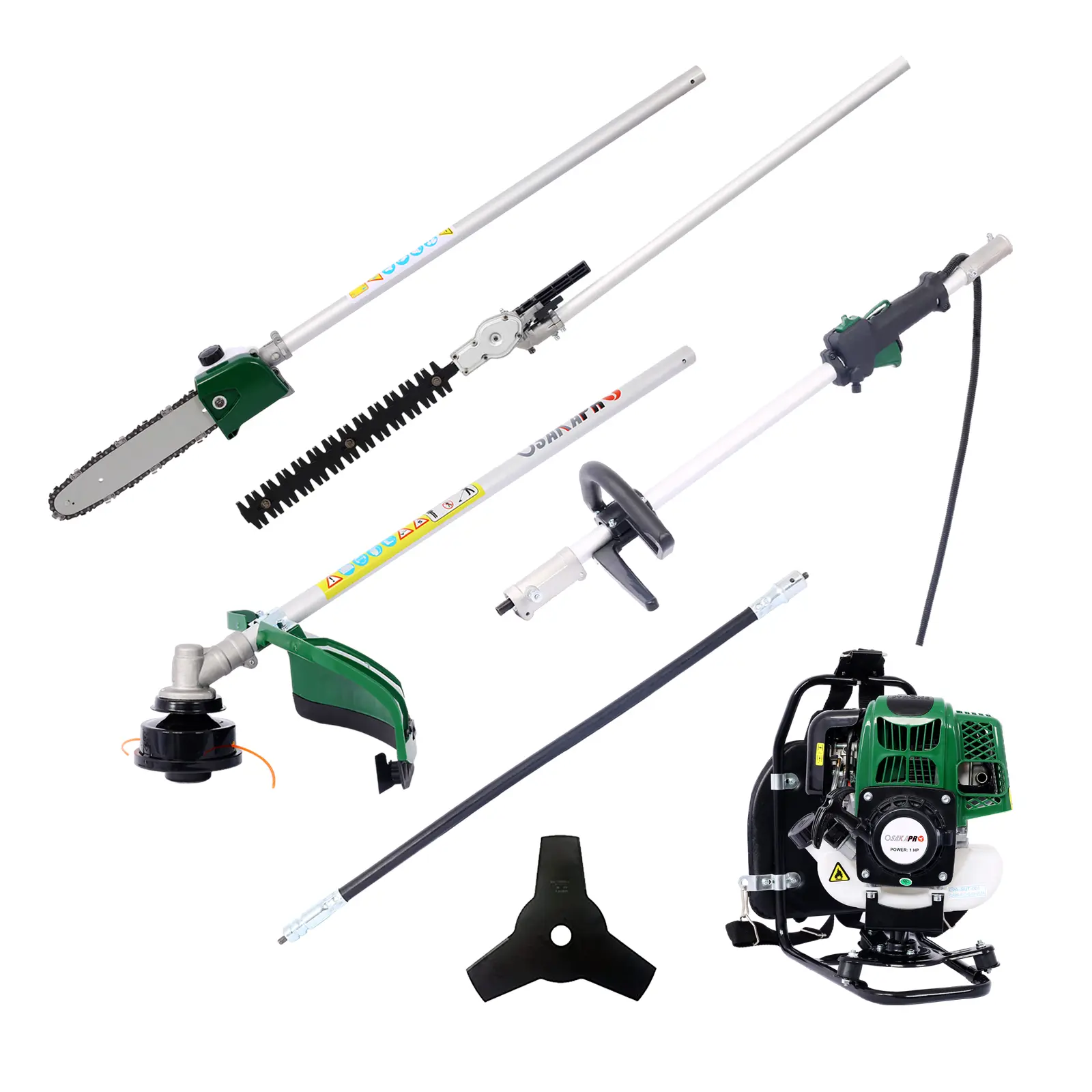 4-in-1 Backpack Multi-Use Kit Power Head Garden Combo, 31CC 4-Stroke Full Crank Shaft Gasoline Engine with Flexible Shaft, Manual Pole Saw, Hedge Trimmer, Nylon String Trimmer, Brush Cutter (6500rpm, EPA Compliant, Lawn Care)