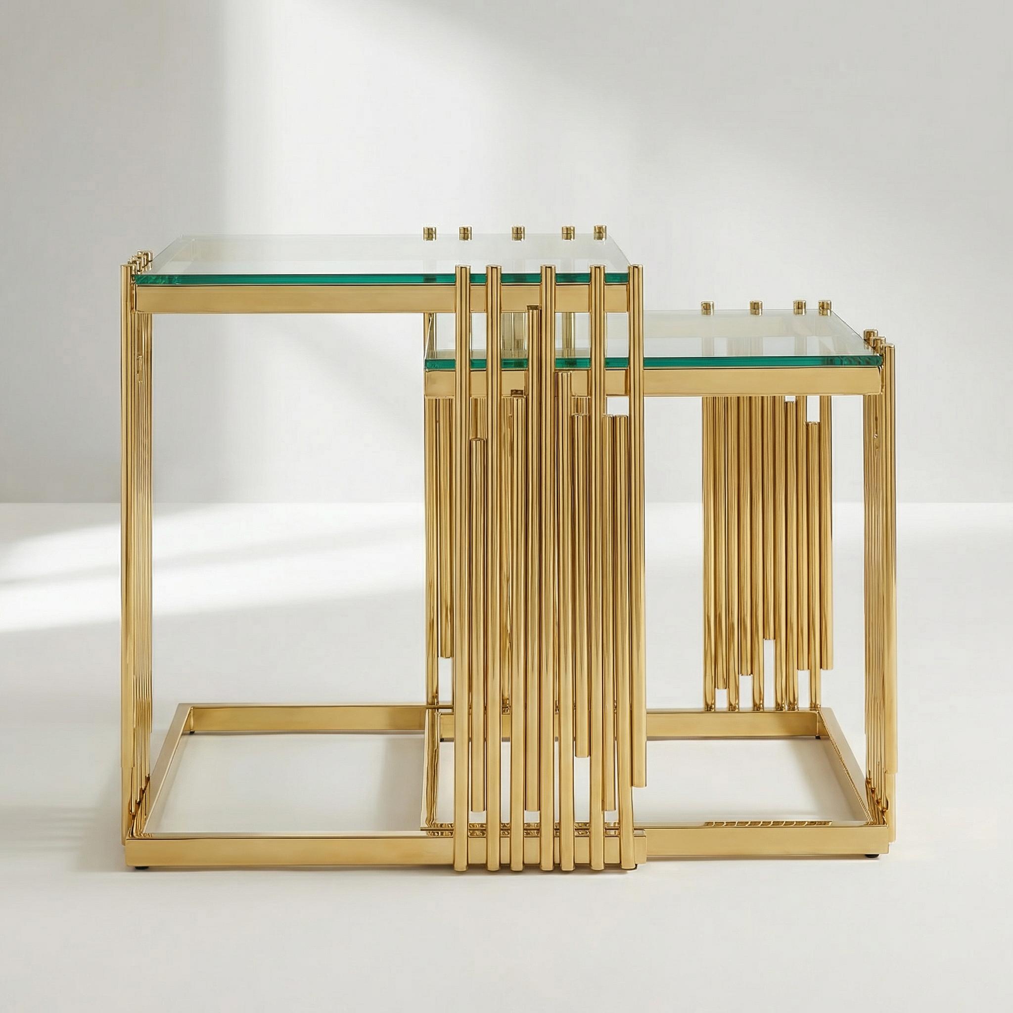 Modern 2-Piece Nesting Coffee Table Set with Tempered Glass Tops and Mirror-Finish Gold Stainless Steel Frames for the Living Room Modern 2-Piece Nesting Coffee Table Set with Tempered Glass Tops and Mirror-Finish Gold Stainless Steel Frames for the Living Room