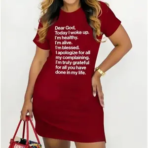 Plus Size Women's Motivational Letter Print T-ShirtDress Stretchy Polyester Blend Round Neck ShortSleeve Black with White Text Casual AttireWomenswear Style