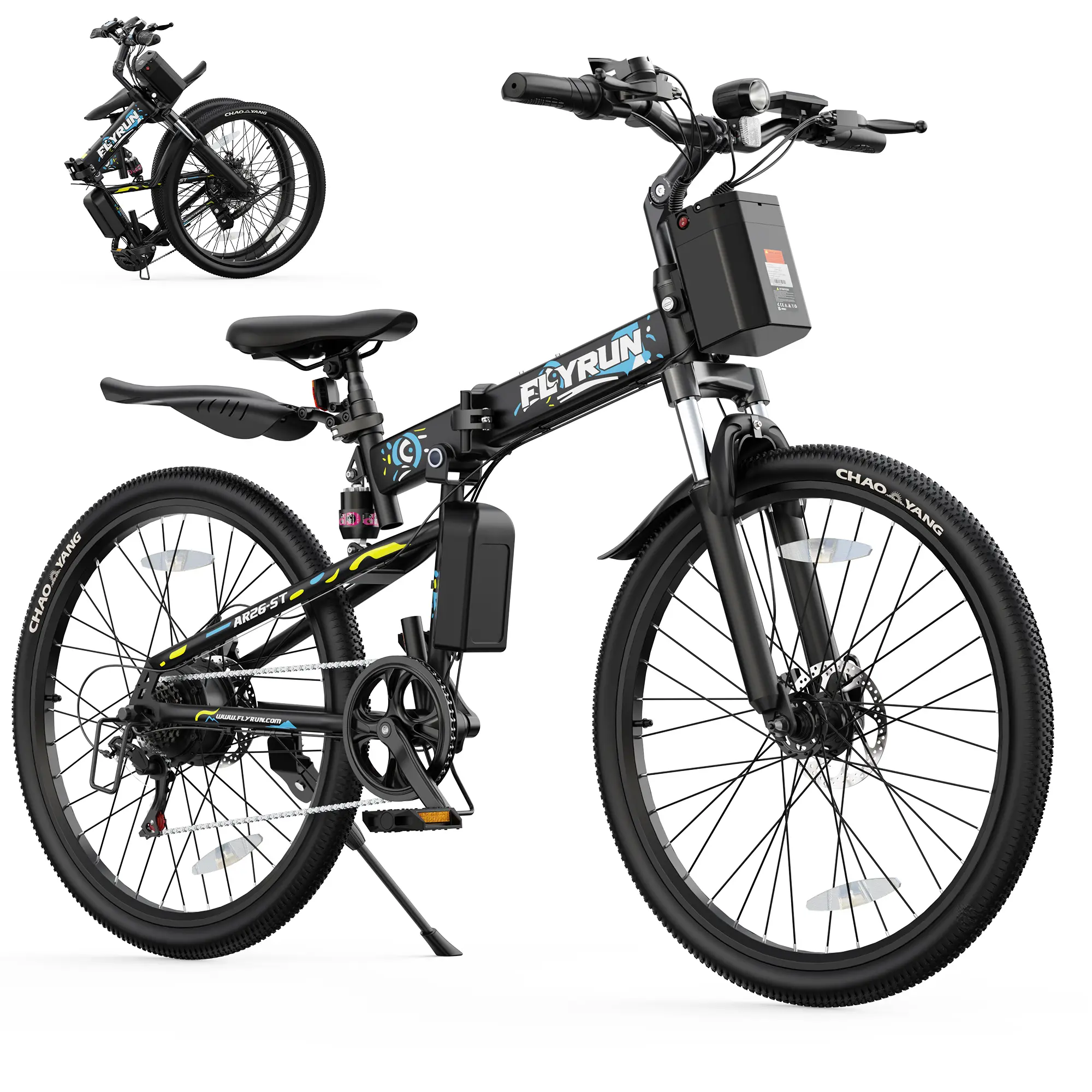 【FLYRUN】Folding Ebike for Adults - 750W Peak Motor, 50-mi Range, 374.4 Wh High-Capacity Battery, 20 MPH Top Speed, Full Suspension System, 7-Speed Drivetrain, Dual Disc Brakes, Dual Shock Absorbers, 4 Riding Modes