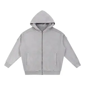 Kored Snow Washed Tape Raw Edge Zip Hoodie - Light Grey Version - FREE SHIPPING FOR SUBSCRIBERS