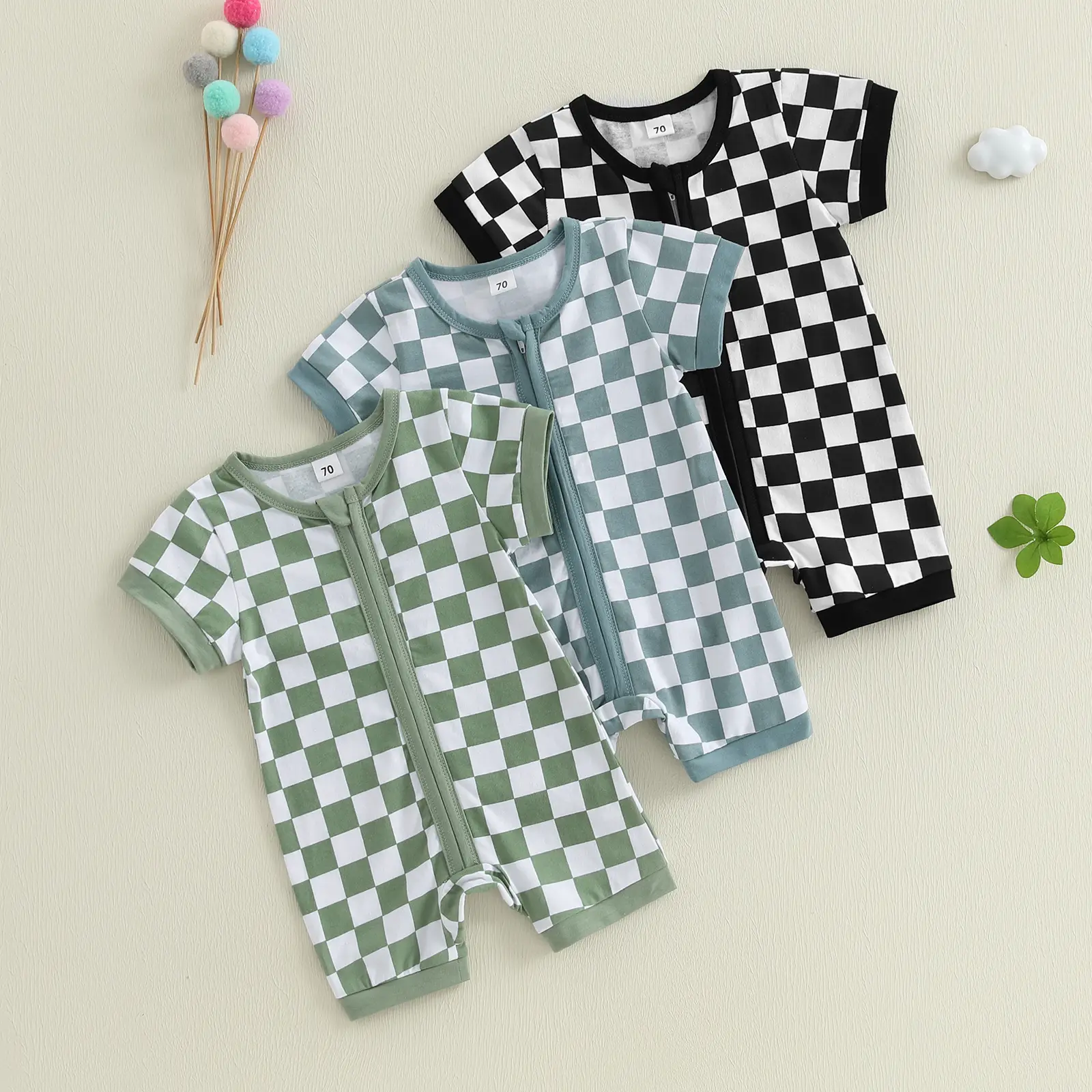 REDWOON Newborn Baby Boy Girl Clothes Checkered Zipper Short Sleeve Romper Jumpsuit Bodysuit Infant Summer Outfit