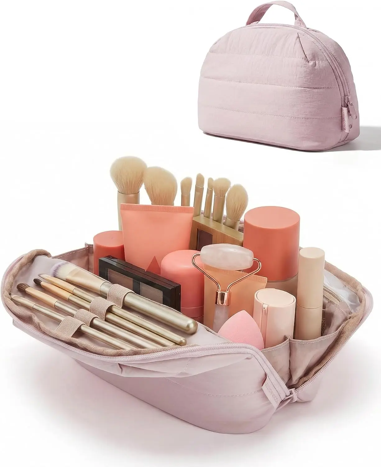 BAGSMART Travel Makeup Bag, Fold-Down Cosmetic Pouch for Women, Pink | Fold-down for easy access. Removable divider for smart organization. Puffy padded & water-resistant for cosmetics