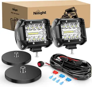 Nilight 2PC 4Inch Triple Row Lights 60W Flood Spot Combo 6000LM Bar Driving Boat Led Off Road Trucks with 2PC Magnetic Base LED Light Bar Mounting Brackets Switch Wiring Harness Kit magnet lights magnetic rock Lightbar Underglow Car