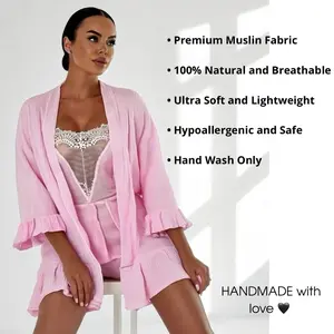 Handmade 3-Piece Pink Muslin Loungewear Set - Ultra Soft, Natural & Breathable Nightwear for Women, Premium Fabric, Hypoallergenic, Hand Wash Only Womenswear Pajama Comfort Homewear Pjs Lightweight Shorts Style Casual